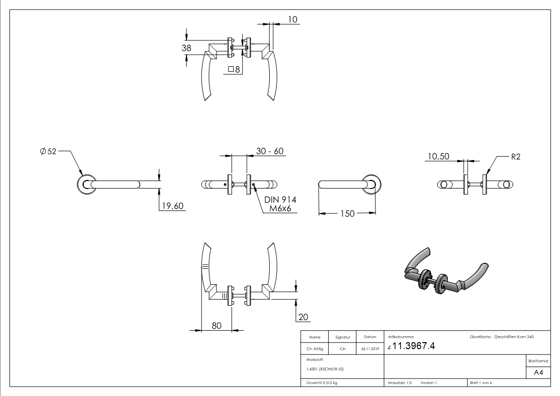 Türdrückerpaar V2A  inklusive 8 mm Drückerstift