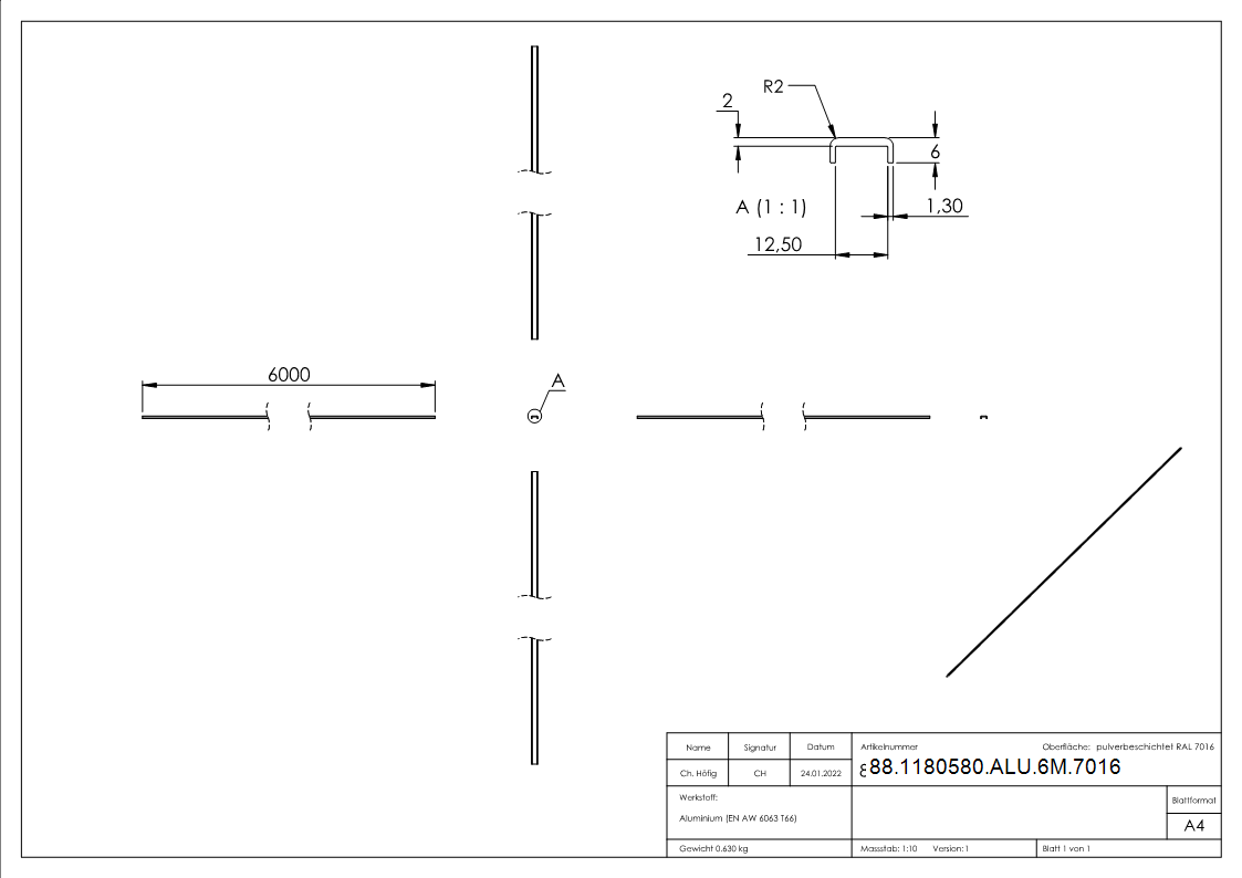 Kantenschutz EXTRA SLIM, für Glas 10,00 - 11,52mm, L=6m, Aluminium RAL 7016