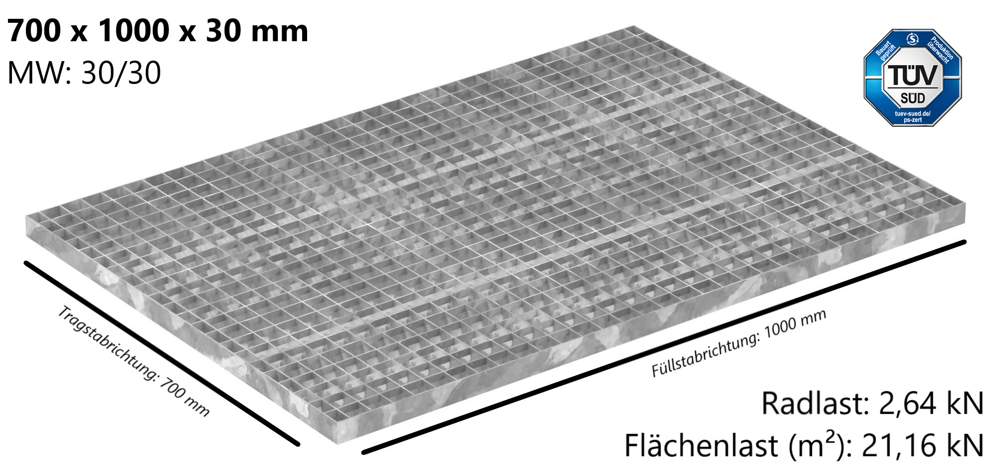 Industrie-Gitterrost - Masse- 700x1000x30 mm; MW 30-30 mm; 30-2 mm - S235JR -St37-2- im Vollbad feuerverzinkt-21-7010030302.7