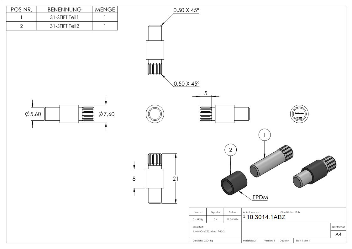 1 Sicherungsstift zu Glasklemme 45x45x26 mm AbZ V4A
