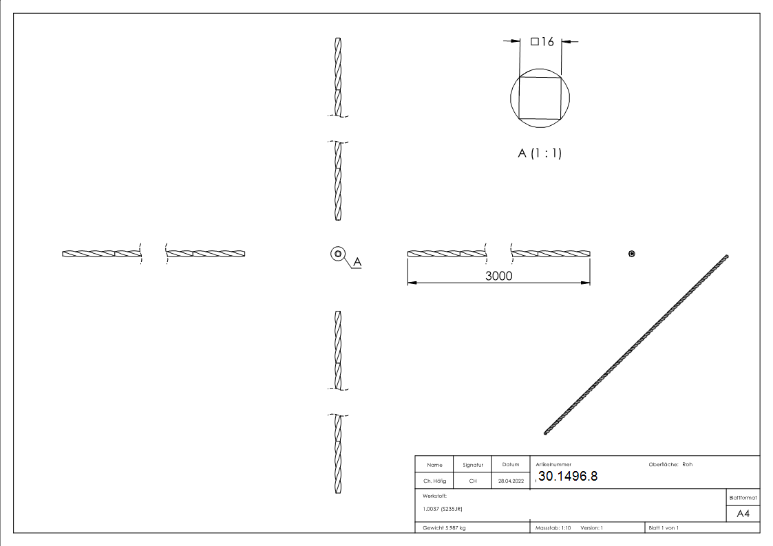 Vierkanteisen gedreht - Material- 16x16 mm - Laenge- 3000 mm - Stahl -Roh- S235JR-30-1496.8