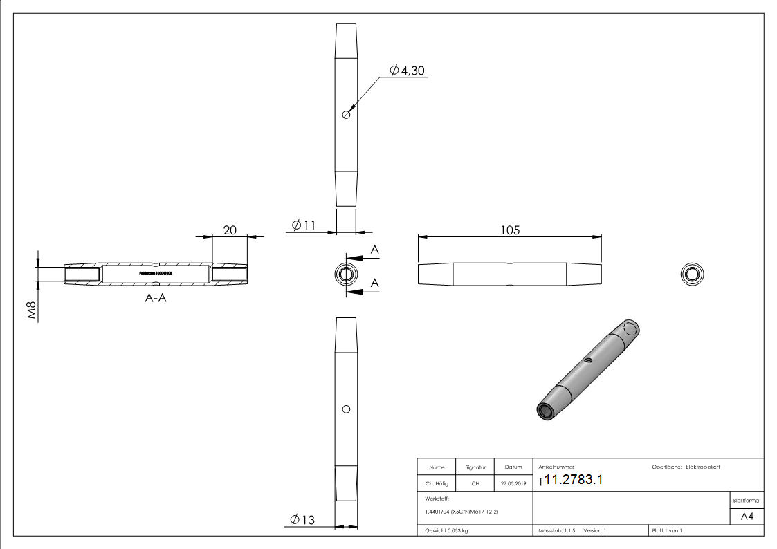 Wantenspanner | Links-/Rechtsgewinde | Gewinde M8 | V4A
