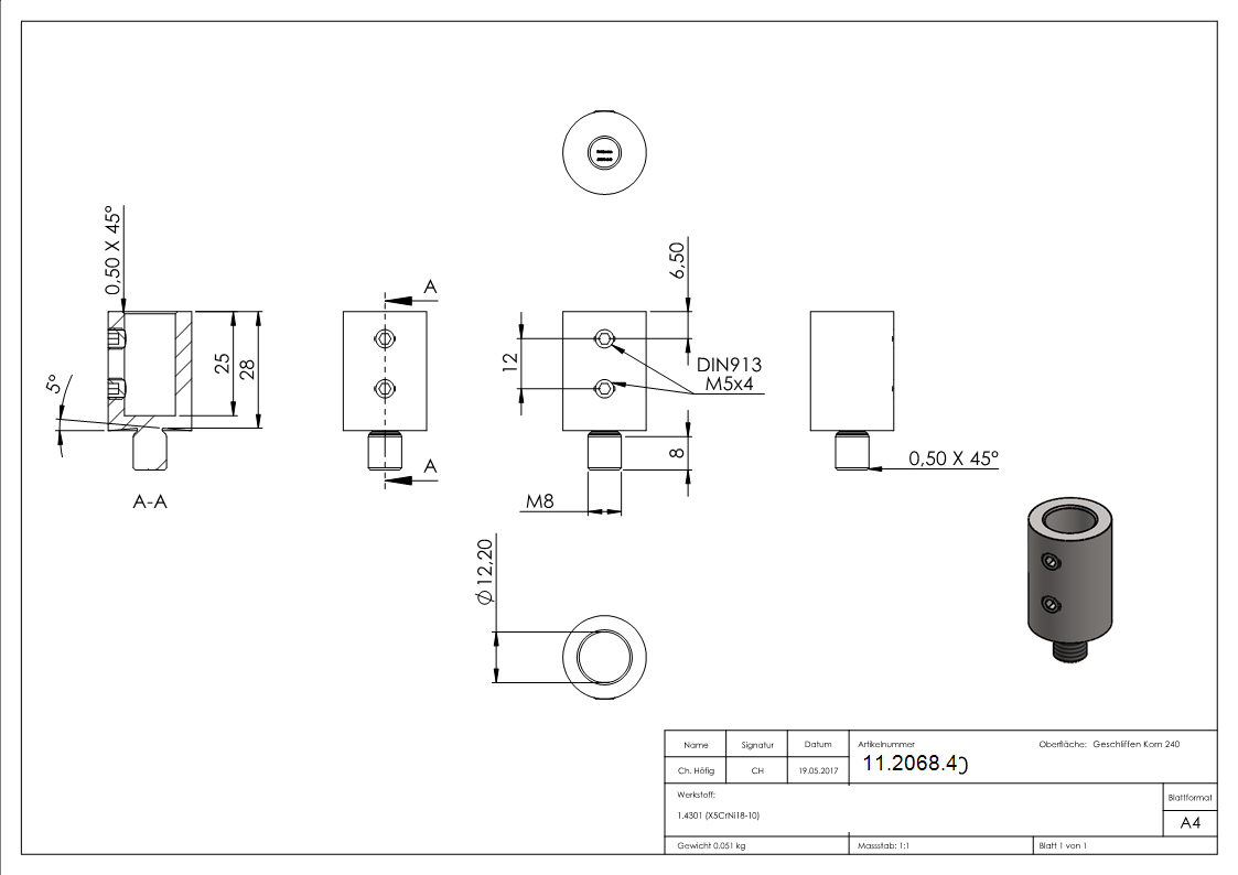 Steckstueck fuer Handlaufhalterring V2A-11-2068.4