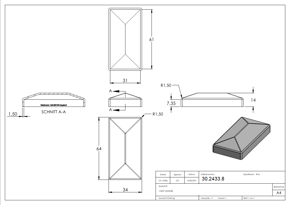 Pfeilerbedecker | für Rechteckrohr | Maße: 60x30 mm | Stahl S235JR, roh