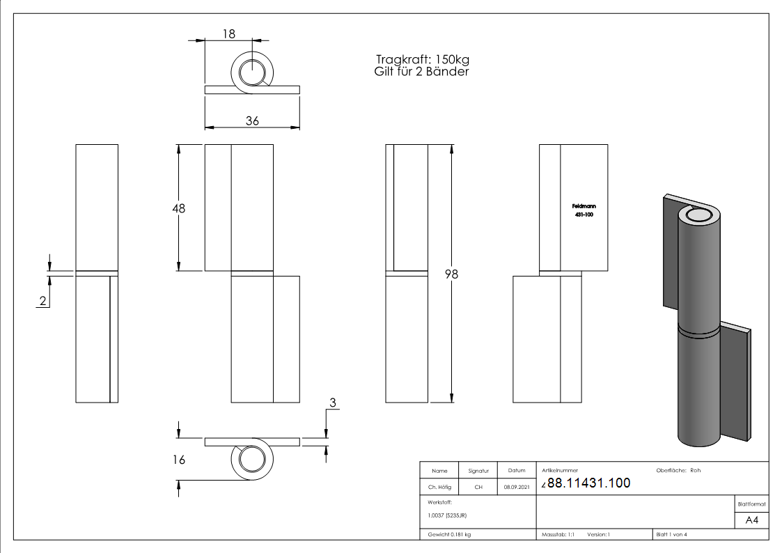 Anschweissband Stahl 2-teilig loser Zapfen 150 kg Tragkraft-88-11431.100