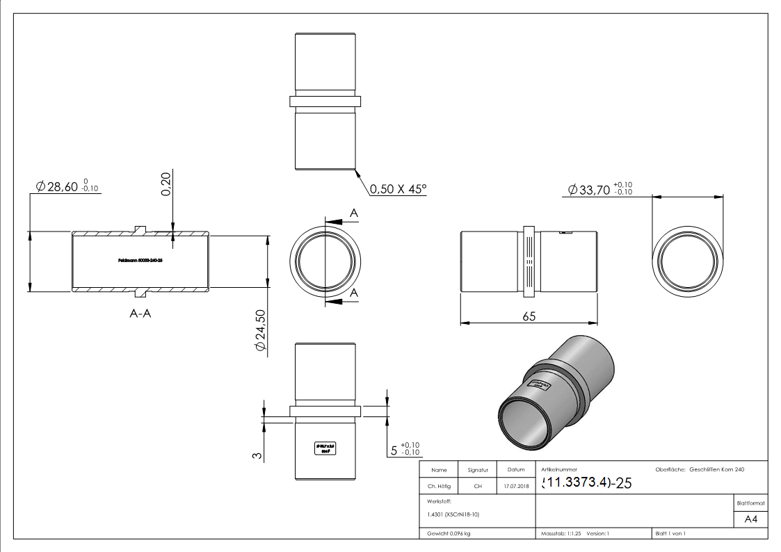 Verbinder für Rundrohr | Maße: Ø 33,7x2,6 mm | V2A