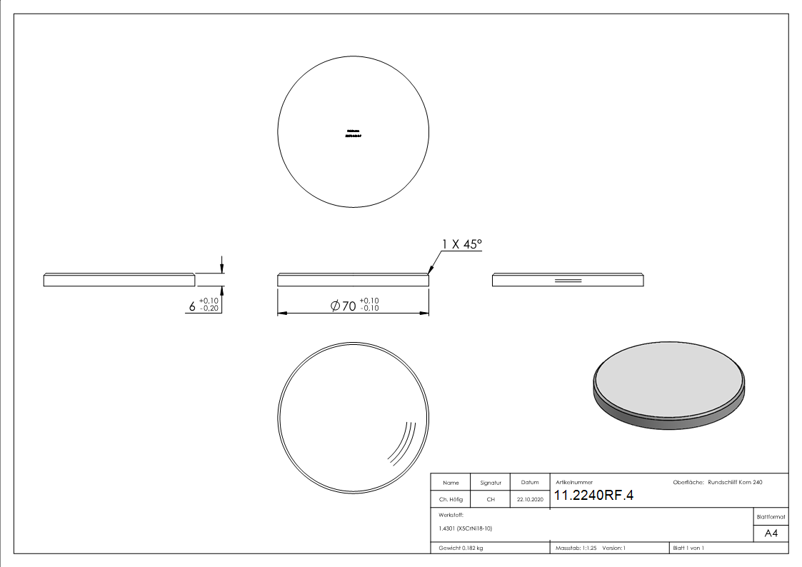 Ronde - Masse- Ø 70x6 mm - mit Rundschliff - Fase - V2A-11-2240RF.4