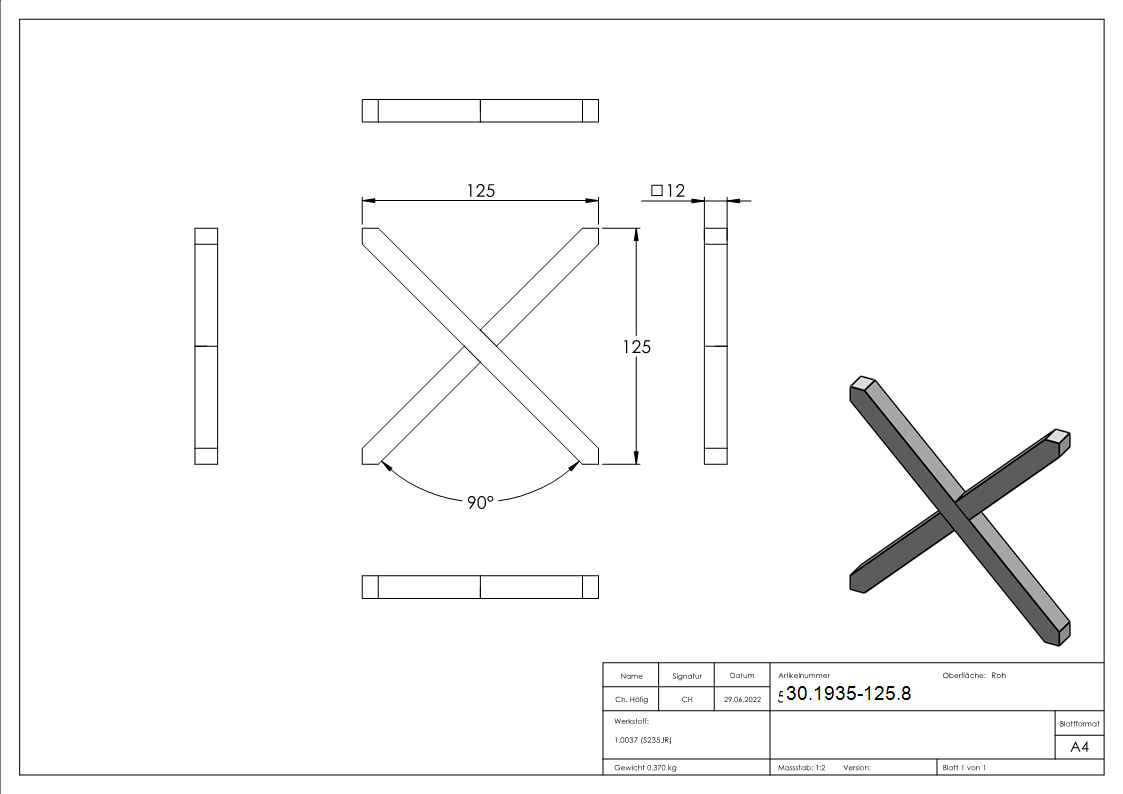 Kreuz - Material- 12x12 mm - Masse- 125x125 mm - Stahl S235JR- roh-30-1935-125.8