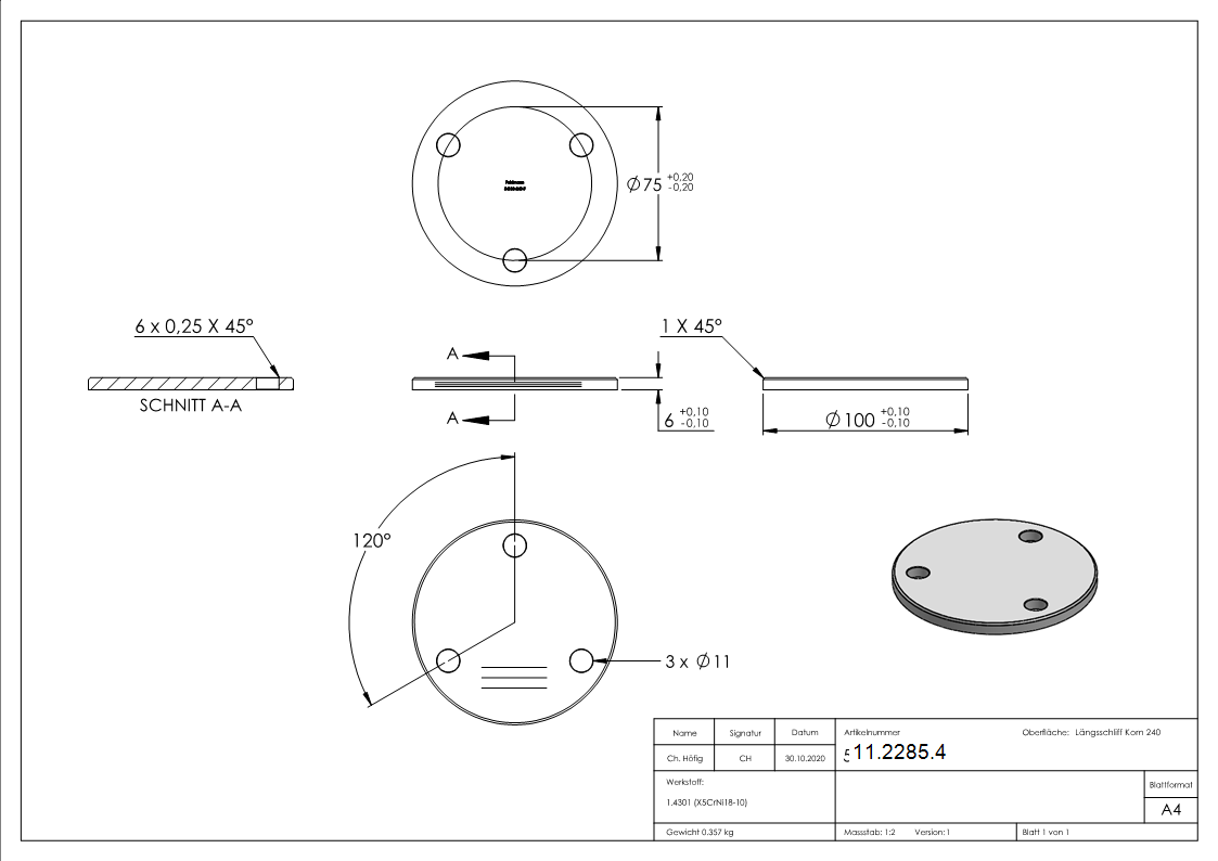 Ankerplatte | Maße: 100x6 mm | Längsschliff + Fase | V2A