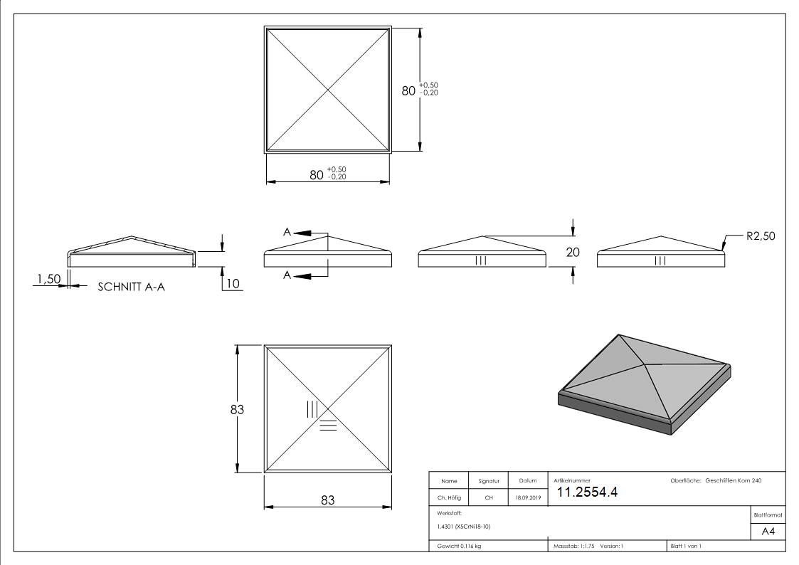 Pfostenkappe Edelstahl für Vierkantrohr: 80x80 mm geschliffen V2A