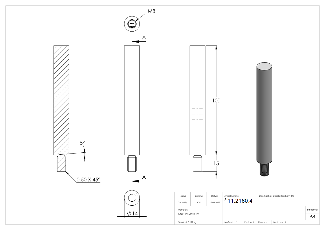 Stift | Maße: 100x14 mm | Gewinde: M8x15 mm | zum Anschweißen | V2A