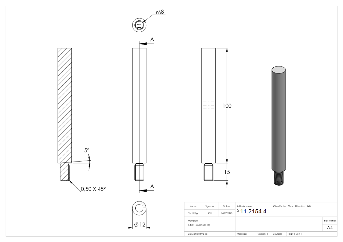 Stift | Maße: 100x12 mm | Gewinde: M8x15 mm | zum Anschweißen | V2A
