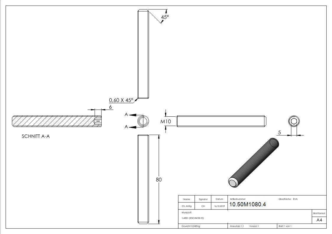 Gewindestift V2A M10x80 Innensechskant Kegelkuppe DIN 913-10-50M1080.4
