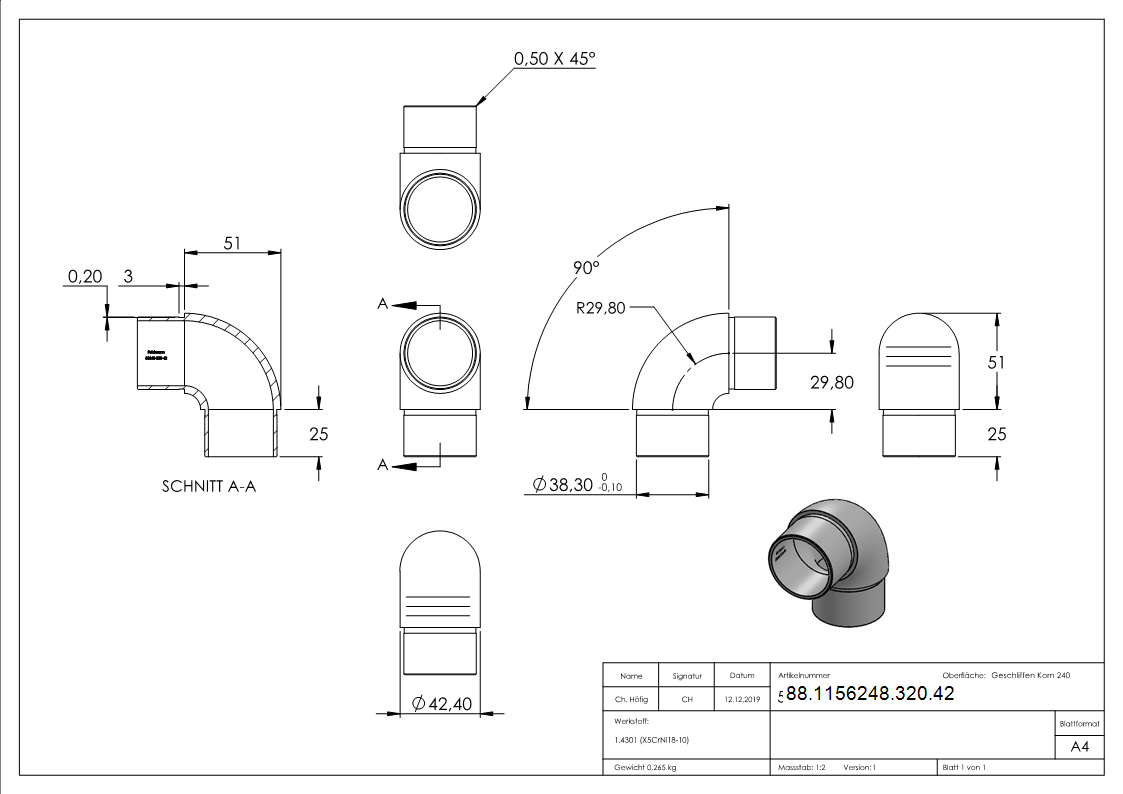 Rohrbogen 90° eng, für Rohr 42,4 x 2,0mm