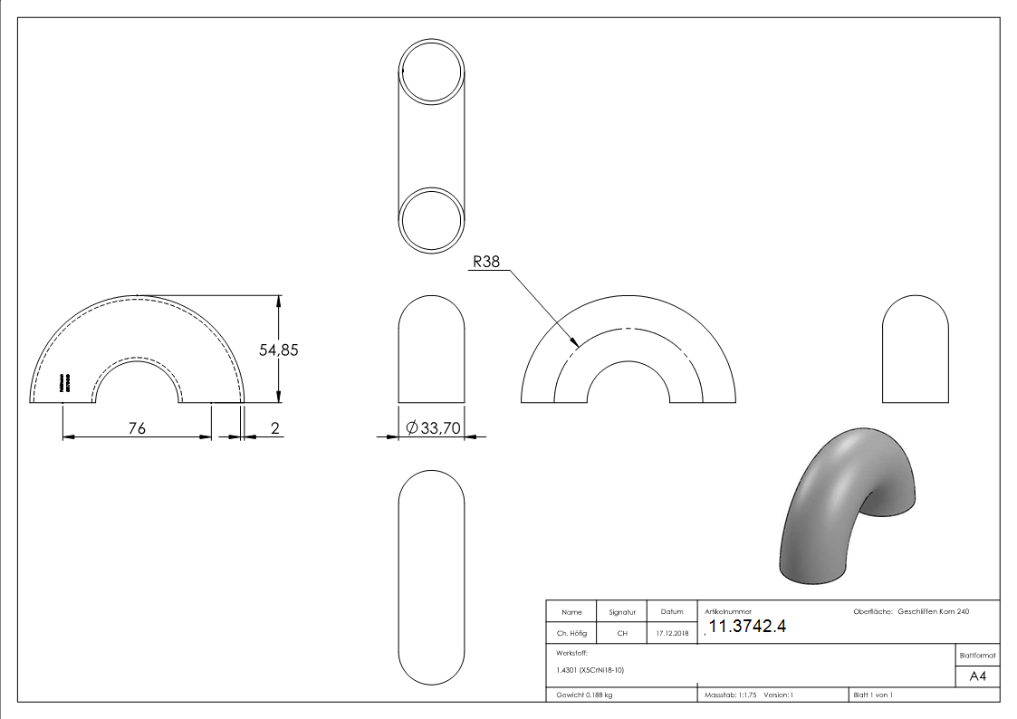 Bogen 180° zum Schweissen fuer Rundrohr- Ø 33-7 mm V2A- Bauart 3-11-3742.4