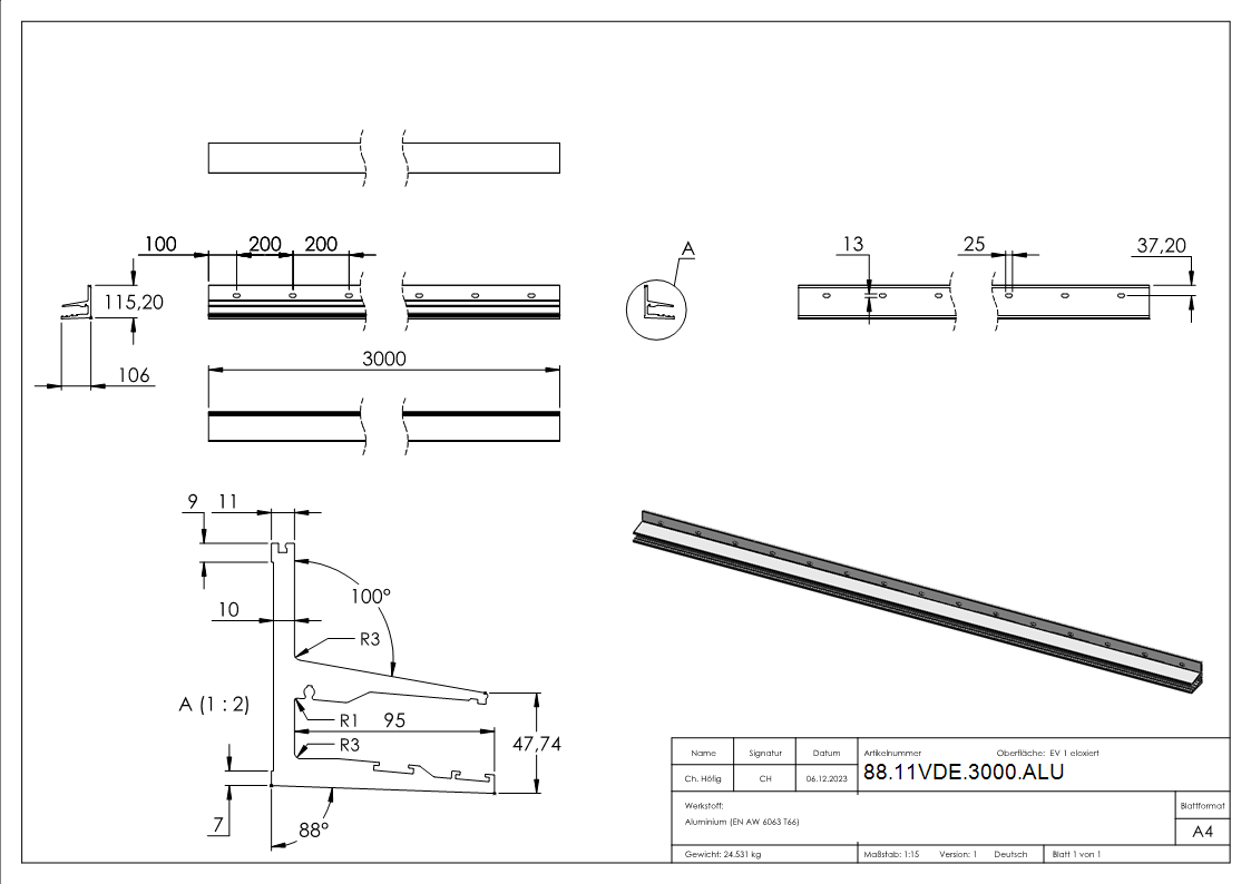 Vordachprofil Aluminium L = 3000 mm eloxiert E4-EV1-88-11VDE-3000.ALU