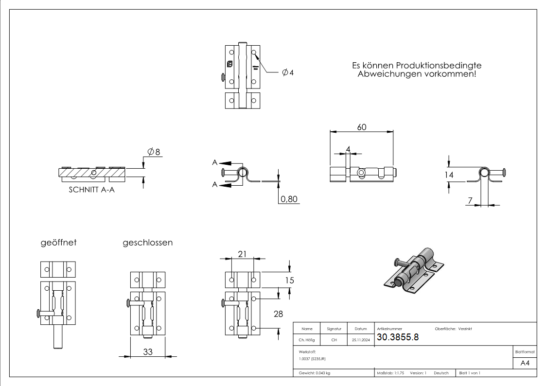 Torriegel - Laenge- 60 mm - verzinkt - zum Anschrauben-30-3855.8
