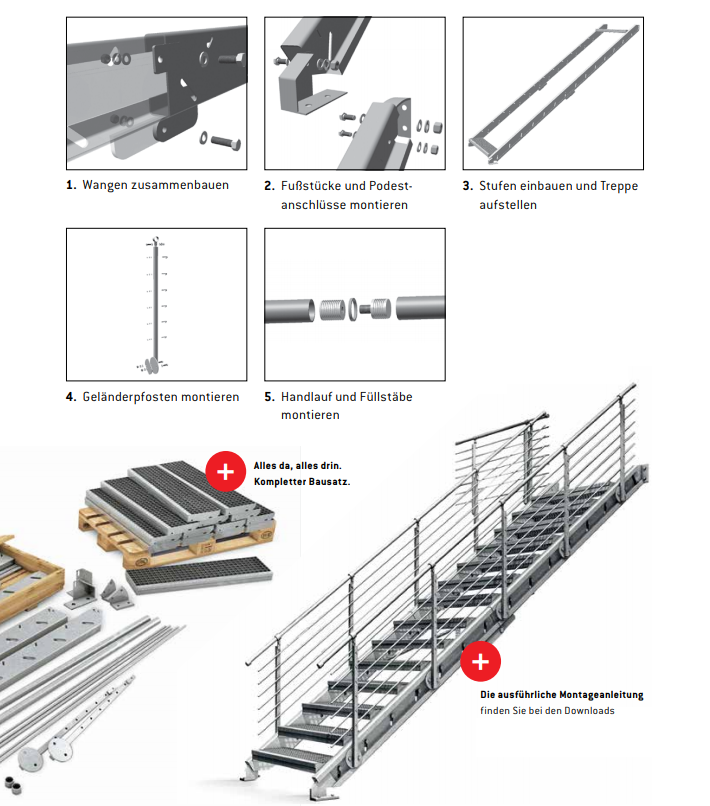 Gitterrost Schnellbautreppe | Treppenbausatz | für Geschosshöhe: 2,7 - 3,6 m