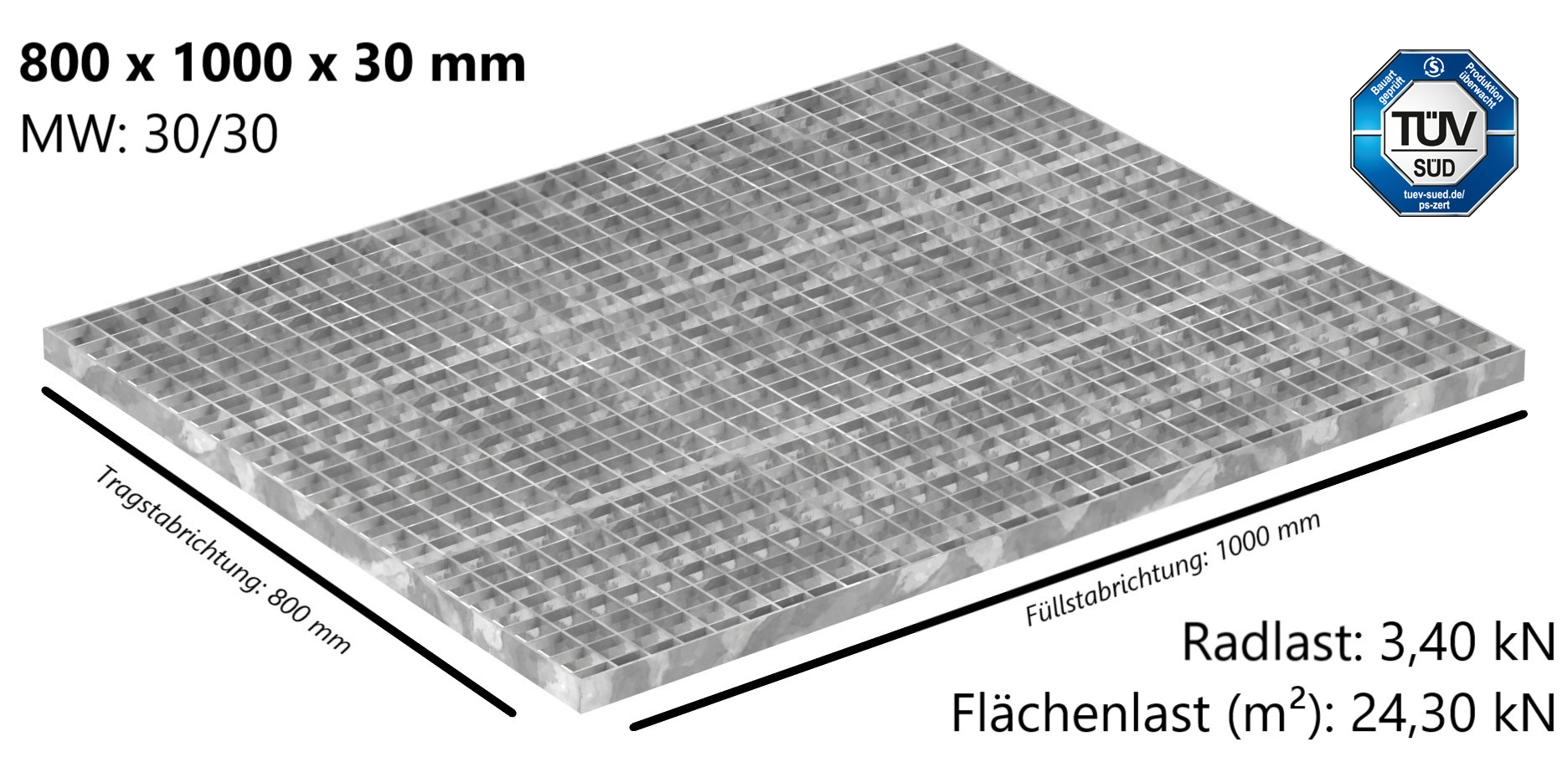 Industrie-Gitterrost | Maße: 800x1000x30 mm; MW 30/30 mm; 30/3 mm | S235JR (St37-2), im Vollbad feuerverzinkt