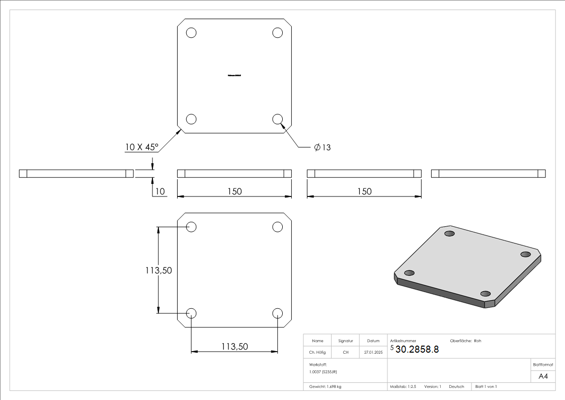 Ankerplatte 150x150x10 mm 4 Bohrungen -  Stahl roh-30-2858.8