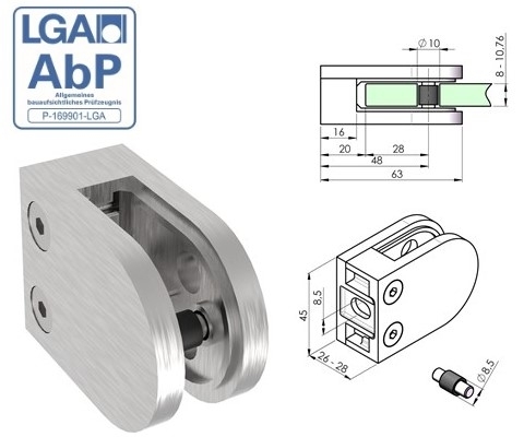 Glasklemme 63x45x28 mm V2A fuer Anschluss flach - Gummi 10-00 mm Glas-18-2200-A.4-6