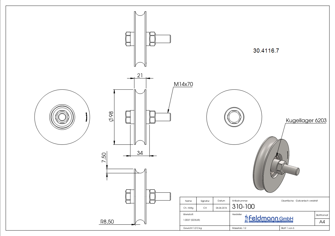Schiebetorrolle | Ø 98 mm | Rundrille: 15 mm | Stahl S235JR, verzinkt