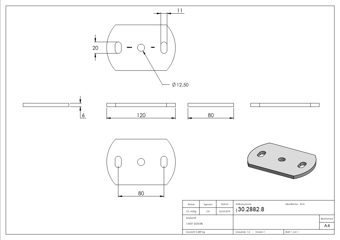 Ankerplatte 120x80x6 mm 3 Bohrungen |  Stahl roh