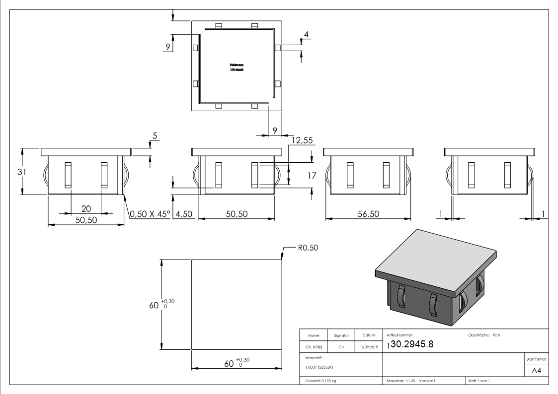 Stahlstopfen flach | für Rohr 60x60x2,0-3,0 mm | Stahl S235JR, roh