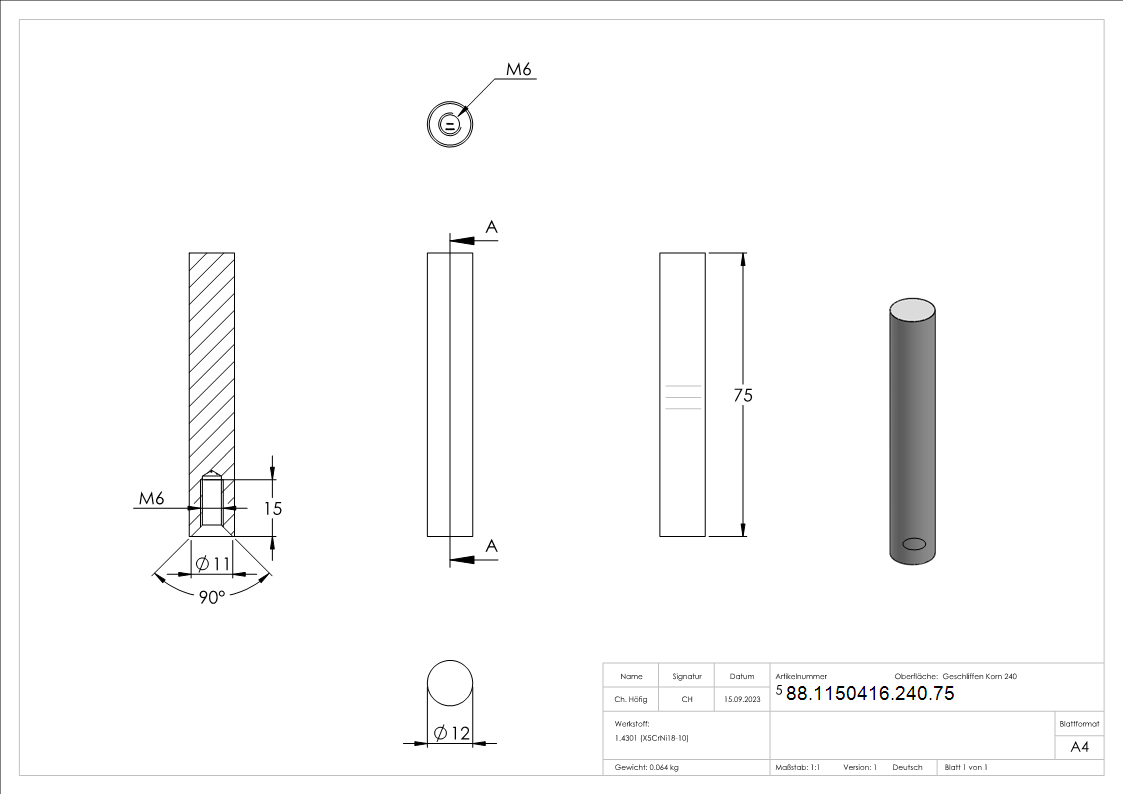 Stift Ø 12mm, Länge: 75mm, mit Innengewinde, V2A
